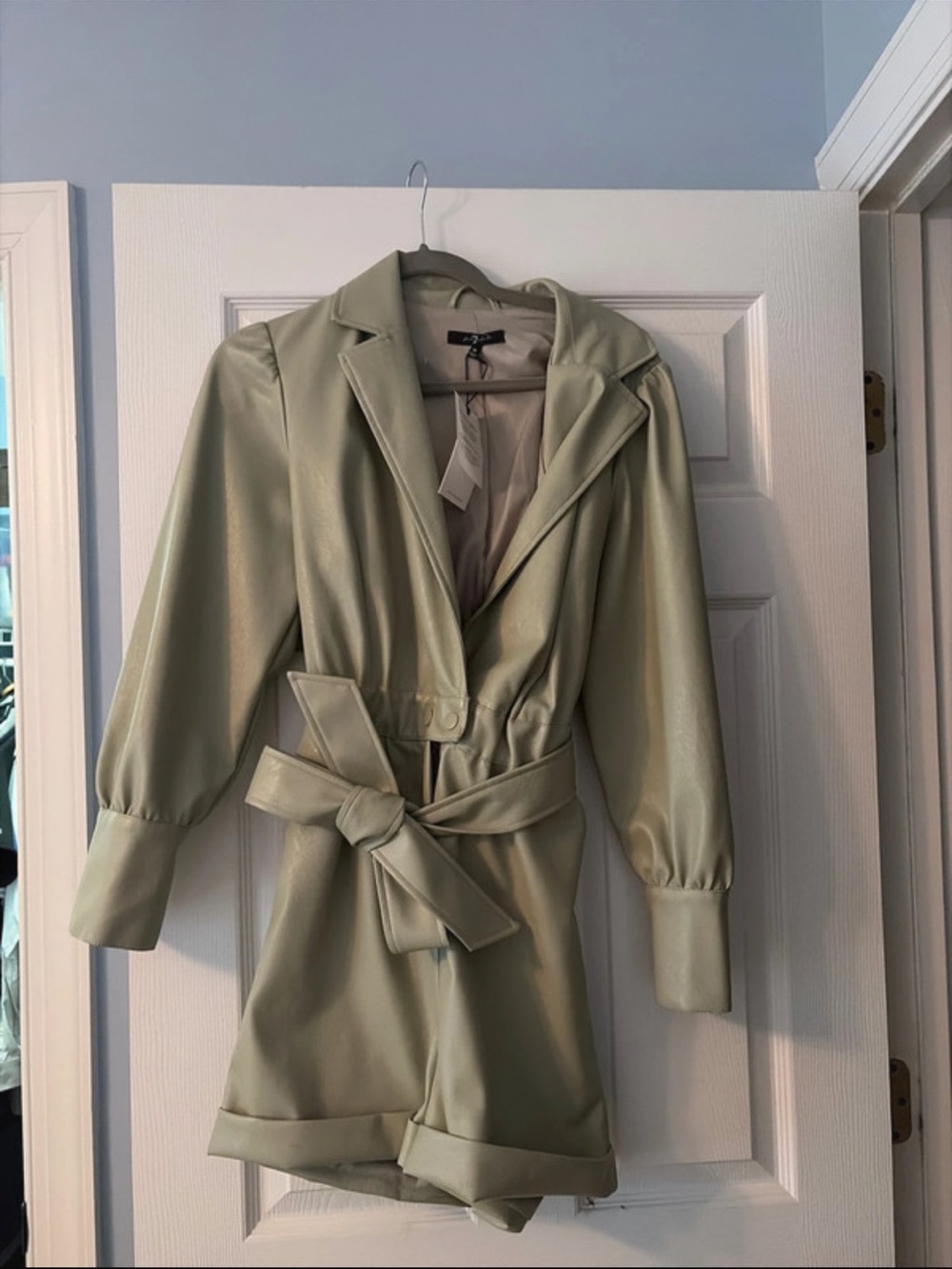 7 For All Mankind Light Sage Faux Leather Blazer Romper - Picture 2 of 5